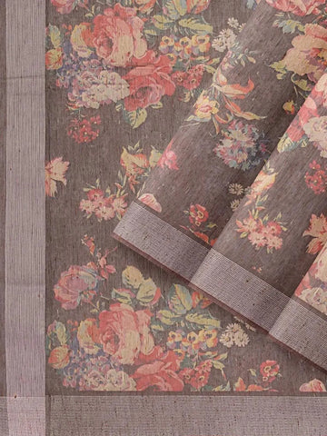 Brown Chanderi Cotton Saree with Floral Prints & Zari Border - Diadem