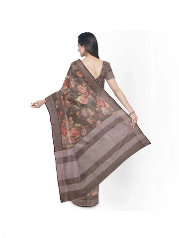 Brown Chanderi Cotton Saree with Floral Prints & Zari Border - Diadem