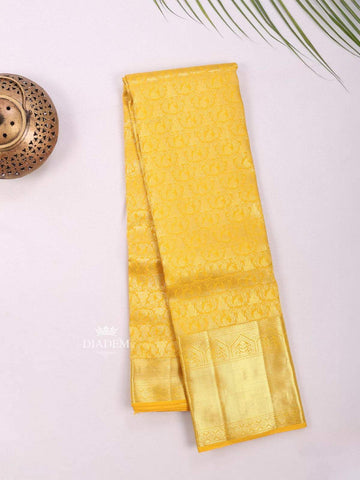 Yellow Pure Kanchipuram Bridal Silk Saree with Floral Motif on the body and Zari Border - Diadem