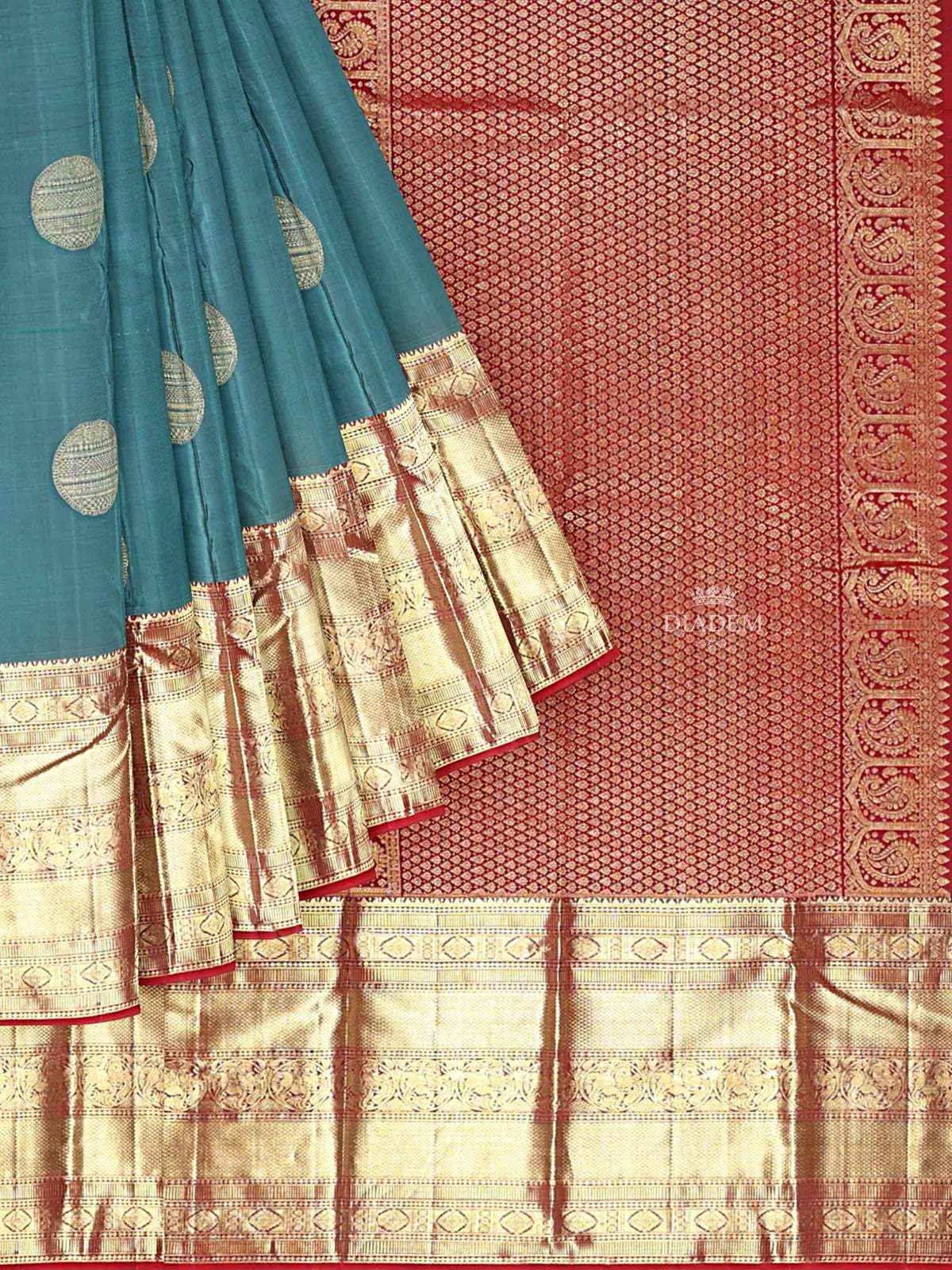 Teal Green Pure Kanchipuram Pattu Saree with Zari Butta on the Body and Zari Border - Diadem
