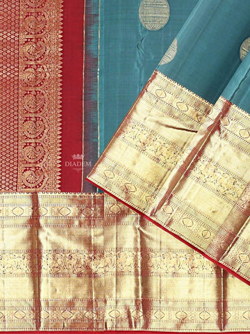 Teal Green Pure Kanchipuram Pattu Saree with Zari Butta on the Body and Zari Border - Diadem