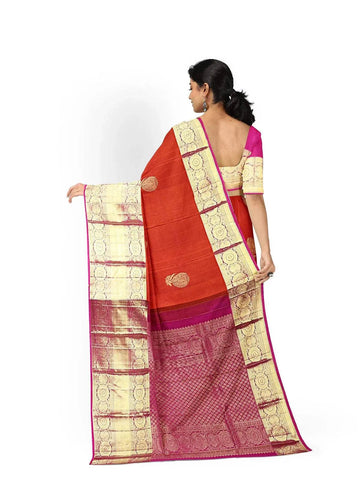 Red Pure Kanchipuram Saree with Floral Motif and Contrast Zari Border - Diadem