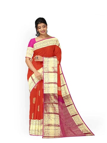 Red Pure Kanchipuram Saree with Floral Motif and Contrast Zari Border - Diadem