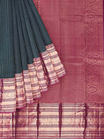 Dark Green Pure Kanchipuram Silk Saree with Dot Design & Contrast Border - Diadem