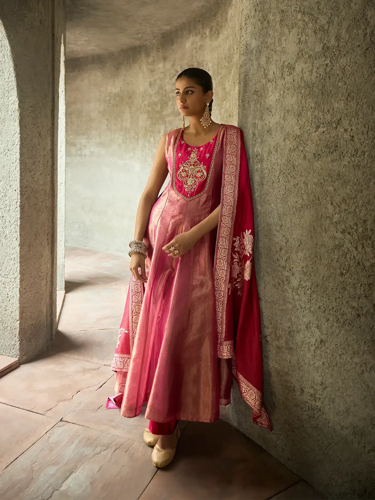 Pink Floral Embroidered Tissue Silk Anarkali Salwar Suit - Diadem