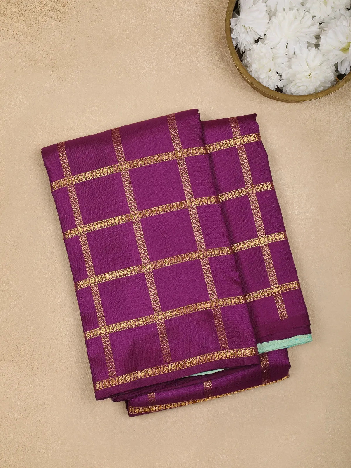 Dark Purple Checked Designs Pure Kanchipuram Silk Saree - Diadem