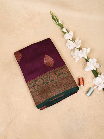 Burgandy Banarasi Saree with Leaf Motif on the Body with Zari Border - Diadem