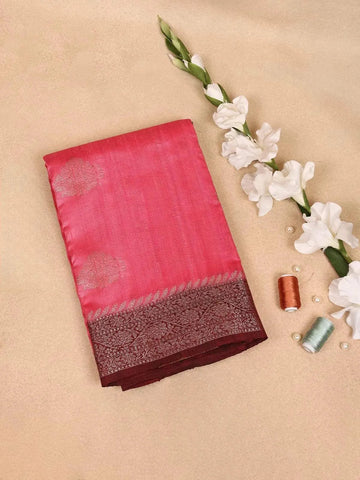 Pink Banarasi Saree with floral Motif on the Body with Contrast Zari Border - Diadem