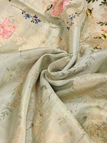 Light Green Banarasi Saree with Flower and Leaf Design with Zari Border - Diadem