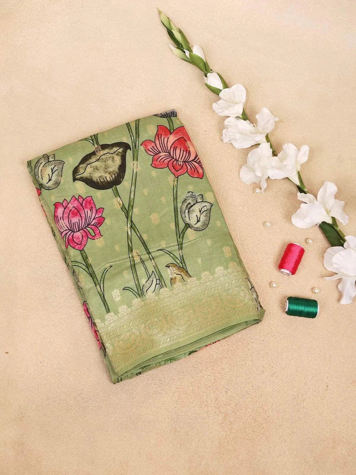 Green Banarasi Saree with Flower Design on the Body with Zari Border - Diadem