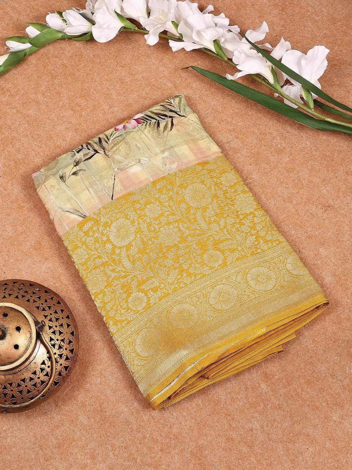 Light Green Banarasi Silk Saree with Floral Design on the Body with Zari Border - Diadem