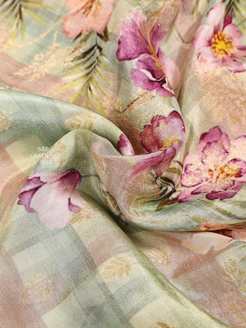 Light Green Banarasi Saree with Floral Design on the Body with Contrast Border - Diadem