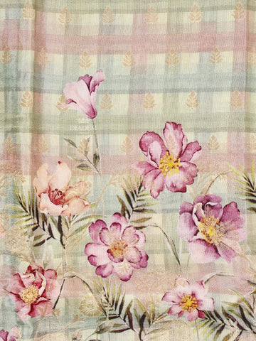 Light Green Banarasi Saree with Floral Design on the Body with Contrast Border - Diadem