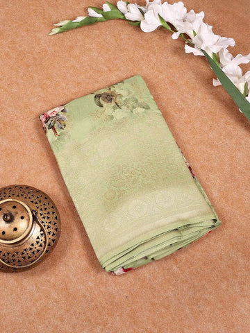 Light Green Banarasi Saree with Floral Design on the Body with Matching Border - Diadem