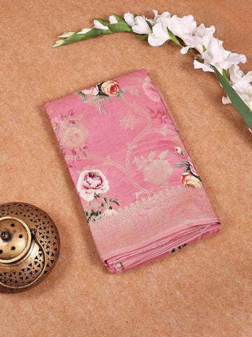 Pink Banarasi Saree with Floral Design on the Body with Matching Border - Diadem