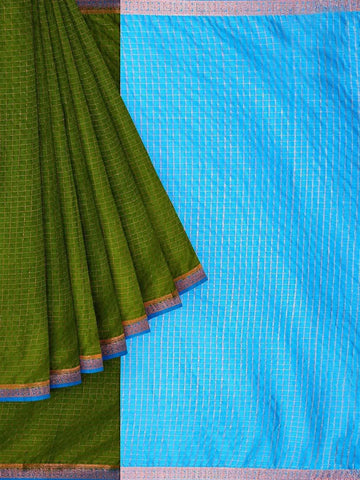 Green Semi Silk Saree with Checked design on the body and Contrast Zari Border - Diadem