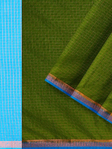 Green Semi Silk Saree with Checked design on the body and Contrast Zari Border - Diadem