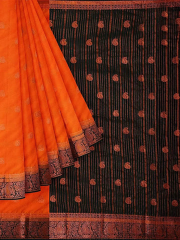 Orange Semi Silk Saree with Paisley Motif on the body and Contrast Zari Border - Diadem