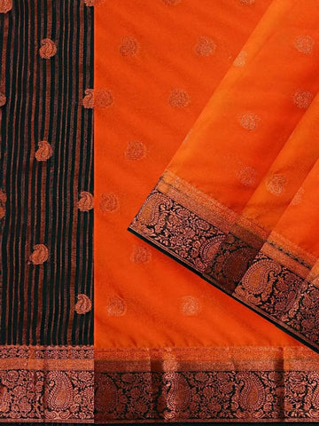 Orange Semi Silk Saree with Paisley Motif on the body and Contrast Zari Border - Diadem