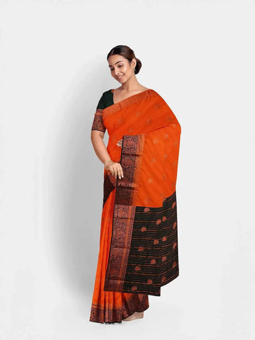 Orange Semi Silk Saree with Paisley Motif on the body and Contrast Zari Border - Diadem