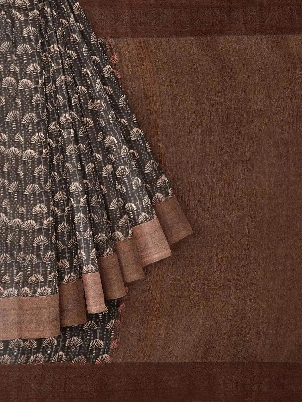 Grey Tussar Silk Saree with Design Prints on the body and Zari Border - Diadem