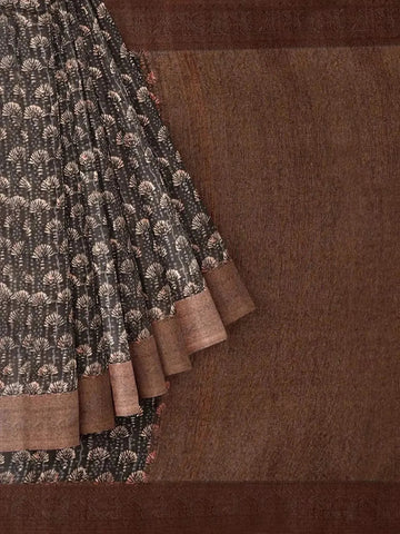 Grey Tussar Silk Saree with Design Prints on the body and Zari Border - Diadem