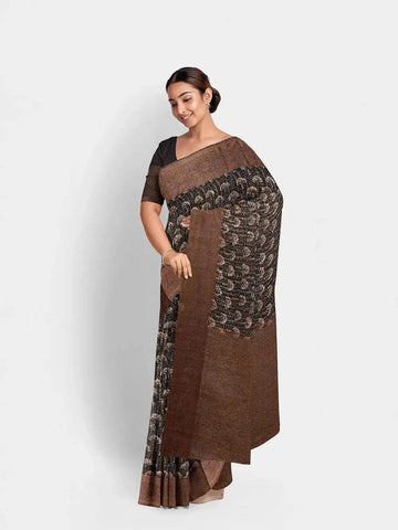 Grey Tussar Silk Saree with Design Prints on the body and Zari Border - Diadem