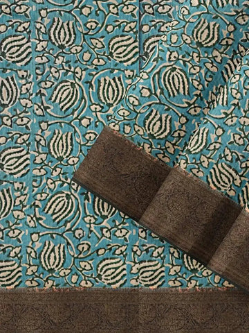 Blue Chanderi Silk Saree with Floral Prints on the body and Thread Border - Diadem