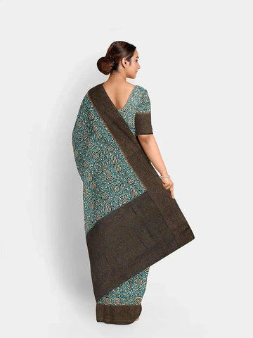 Blue Chanderi Silk Saree with Floral Prints on the body and Thread Border - Diadem