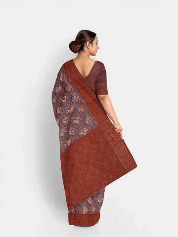 Light Purple Chanderi Silk Saree with Floral Prints & Zari Border - Diadem