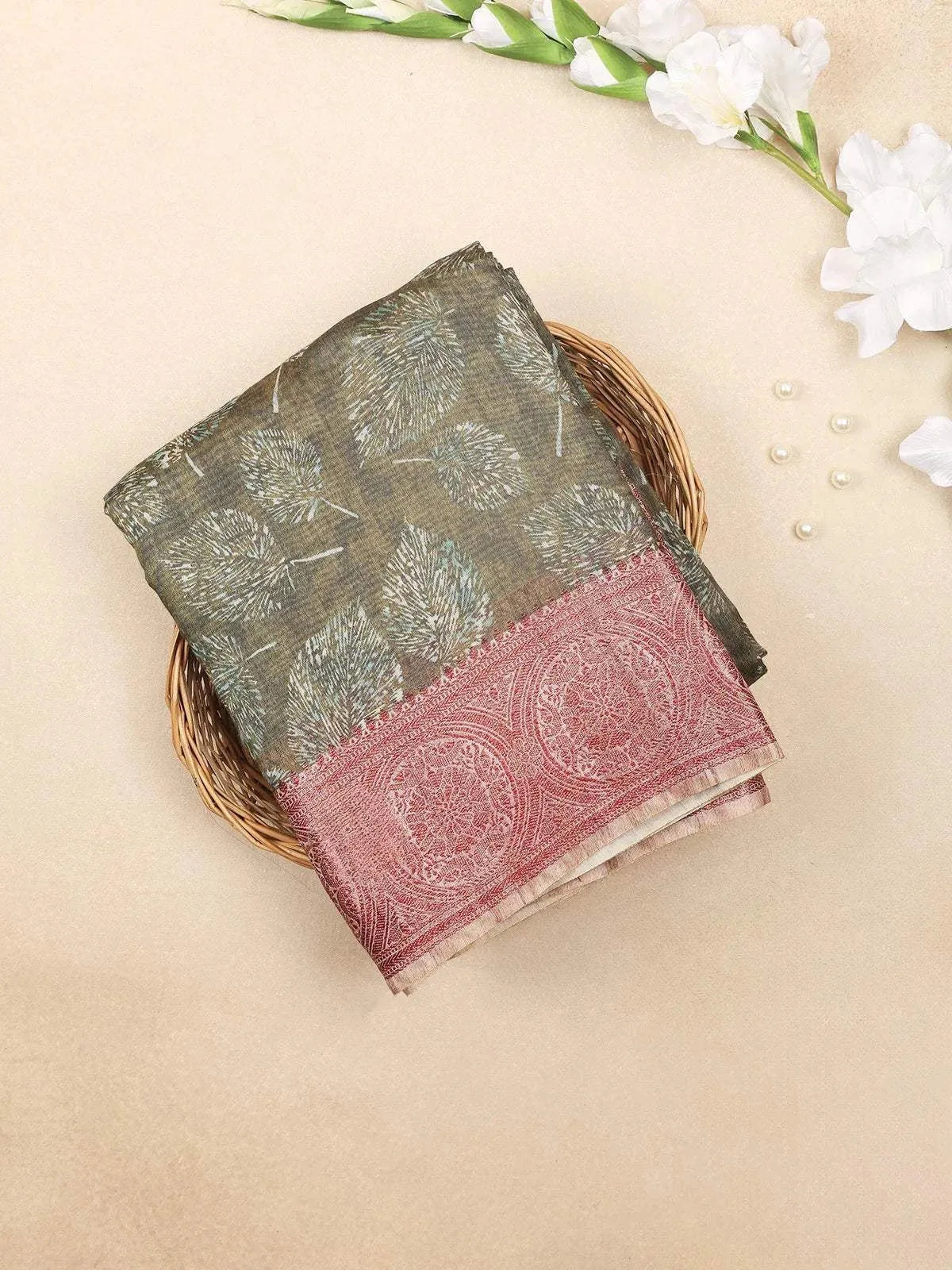 Olive Green Chanderi Silk Saree with Leaf Design on the Body with Contrast Border - Diadem