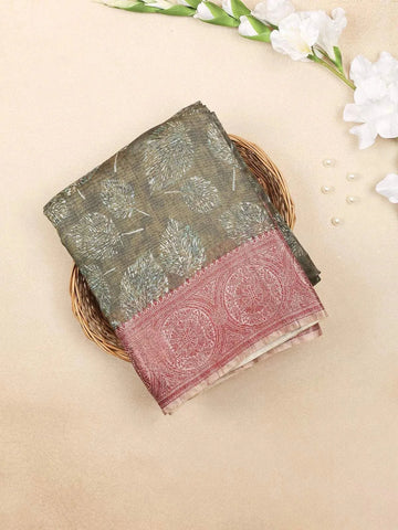 Olive Green Chanderi Silk Saree with Leaf Design on the Body with Contrast Border - Diadem