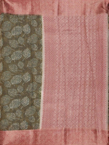 Olive Green Chanderi Silk Saree with Leaf Design on the Body with Contrast Border - Diadem