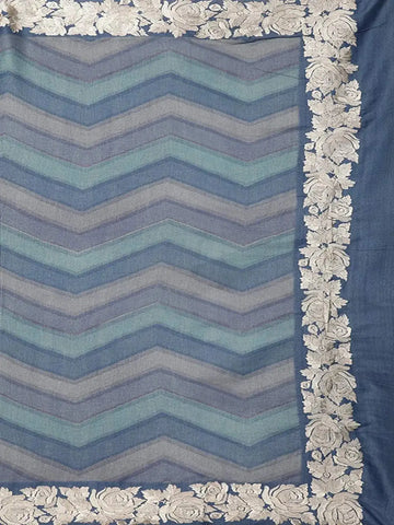 Blue Semi Tussar Silk Saree with Chevron Design on the Body with Lace Border - Diadem