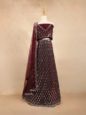 Burgundy Raw Silk Semi-Stitched Lehenga Embellished with Mirrorwork Paired with Net Dupatta - Diadem