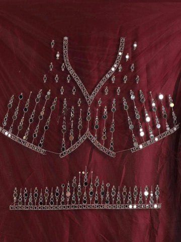 Burgundy Raw Silk Semi-Stitched Lehenga Embellished with Mirrorwork Paired with Net Dupatta - Diadem