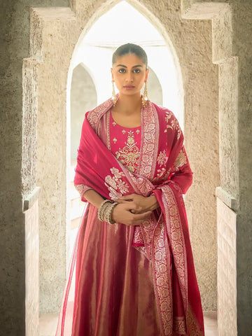 Pink Floral Embroidered Tissue Silk Anarkali Salwar Suit - Diadem
