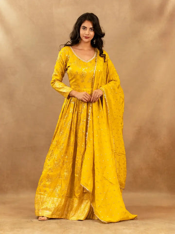 Yellow Floral Embroidery Silk Partywear Gown - Diadem