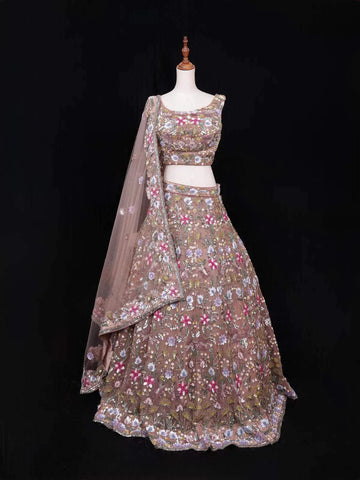 Light Brown Net Wedding Bridal Lehenga with Sequins Beads - Diadem