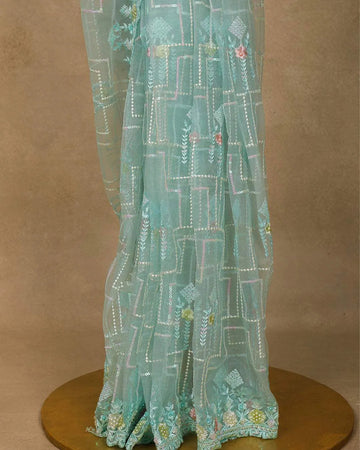 Sky Blue Sequin Embroidery Designed Net Saree - Diadem