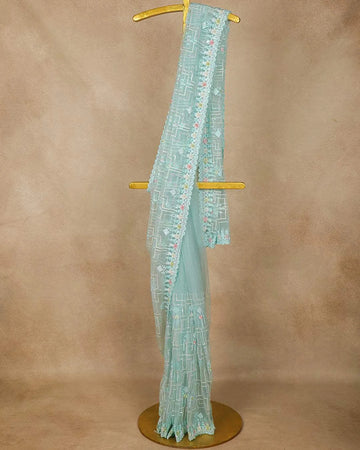 Sky Blue Sequin Embroidery Designed Net Saree - Diadem