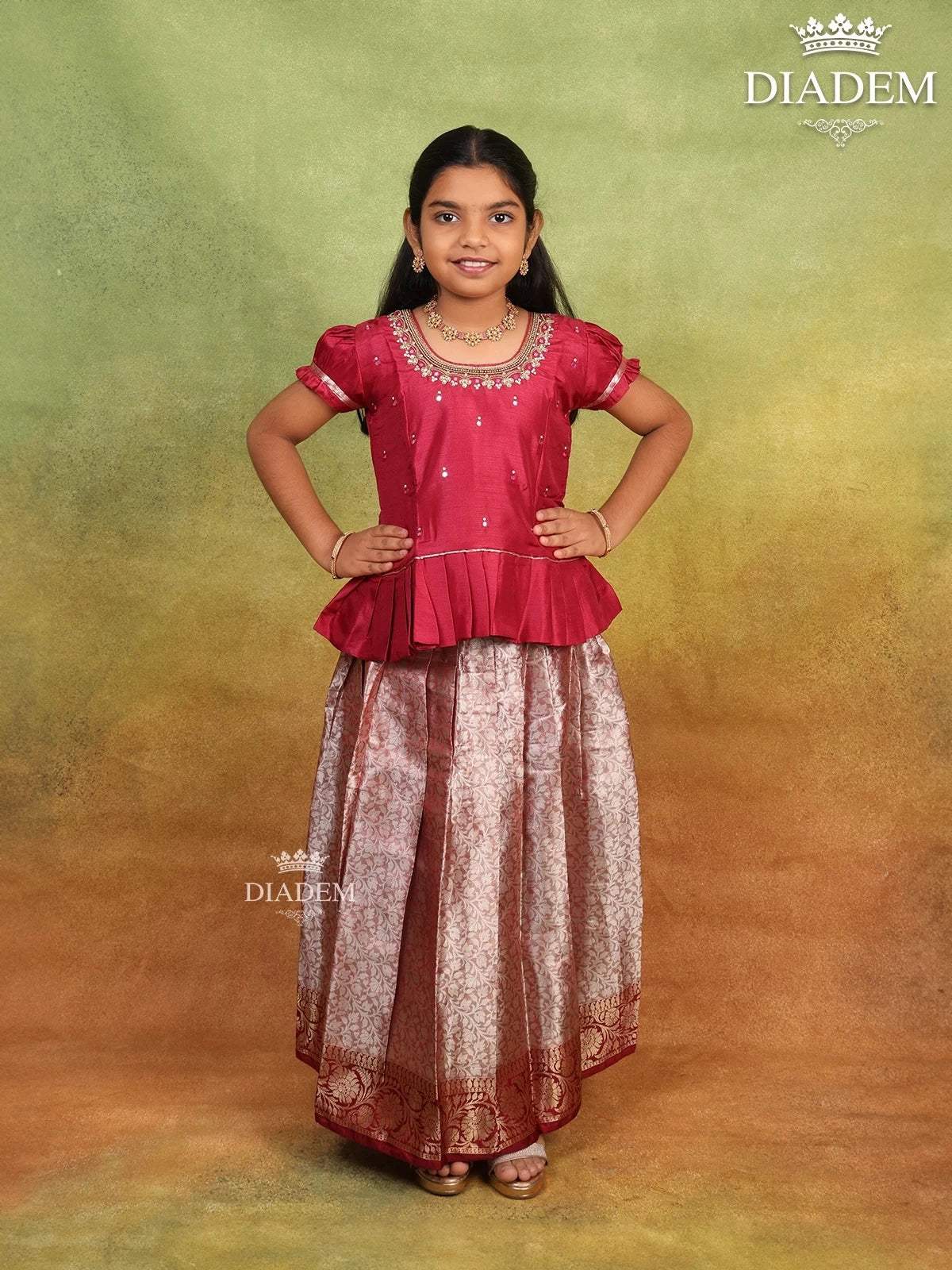 Red Pink Raw Silk Pattu Pavadai with Zari and Embroidery - Diadem