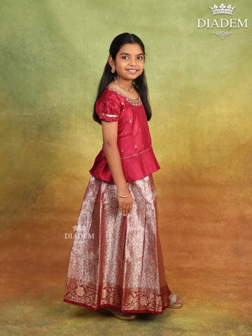 Red Pink Raw Silk Pattu Pavadai with Zari and Embroidery - Diadem