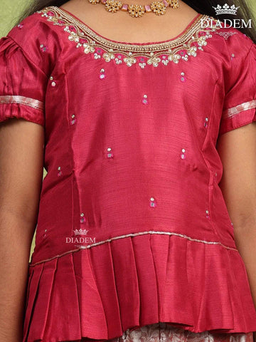 Red Pink Raw Silk Pattu Pavadai with Zari and Embroidery - Diadem