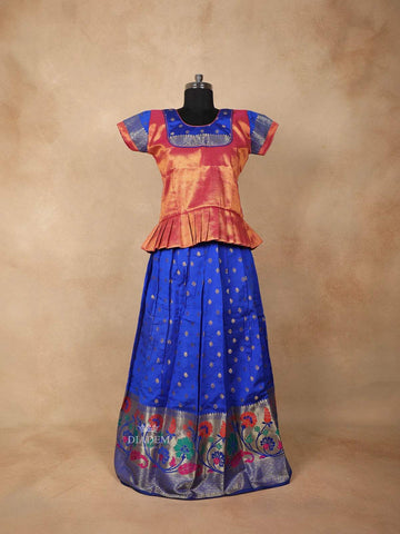 Royal Blue and Peach Silk Pattu Pavadai Set Adorned with Floral Zariwork - Diadem