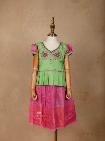 Pink with Pista Green Silk Pattu Pavadai Adorned with Embroidery and Zariwork - Diadem