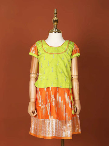 Orange and Parrot Green Pattu Pavadai Set with Intricate Floral Zariwork - Diadem