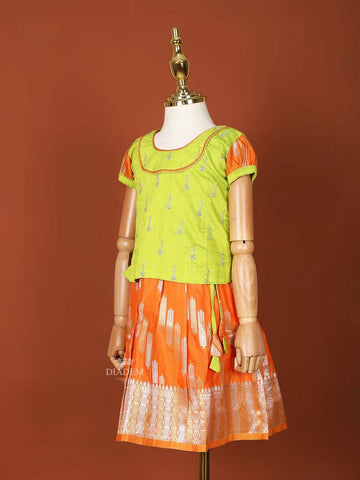 Orange and Parrot Green Pattu Pavadai Set with Intricate Floral Zariwork - Diadem