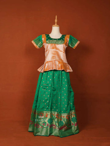 Green and Peach Silk Pattu Pavadai Set Adorned with Zariwork - Diadem