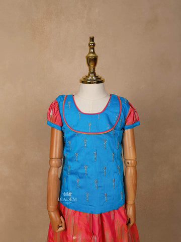 Pink and Blue Silk Pattu Pavadai Set Adorned with Zariwork - Diadem